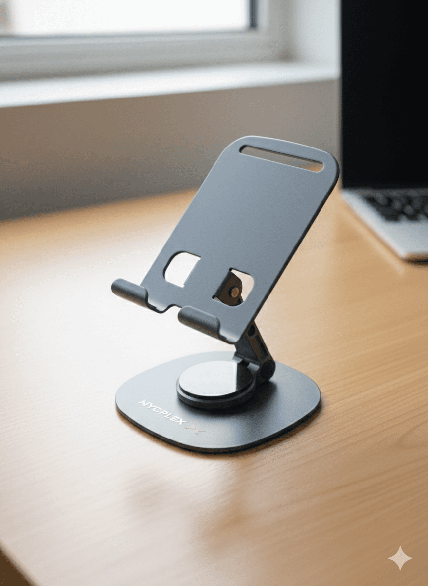 Smart Foldable & Portable Mobile Stand with 360 Degree Rotation Base, Fully Heavy Duty Metal Stand Nice Grip Pads at The Bottom of The Plate, Best for Gifting - Silver - Newly Launch