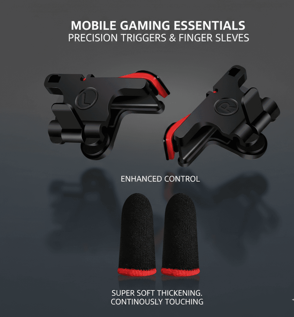 E-SPORTS Trigger Mobile Gaming Controller Sensitive Aim and Fire Red Black Triggers L1 R1 Button Mobile Gamepad Finger Sleeve Combo